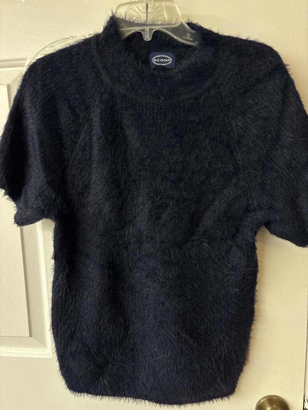 Scoop Fuzzy Short Sleeve Mock Neck Sweater Navy Blue Size L (12-14)
